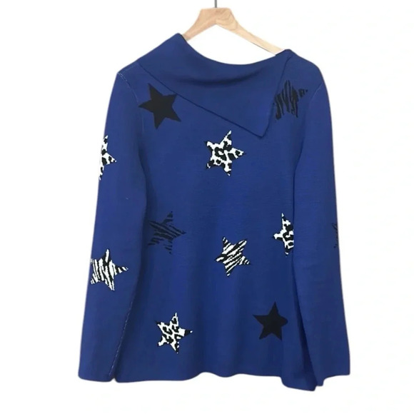 Investments Women’s Lagenlook Animal Print Stars Royal Blue Tunic Sweater Medium - Picture 4 of 13